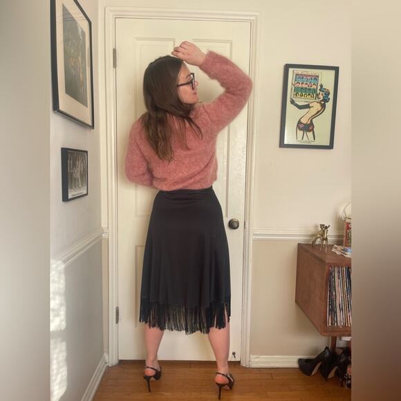 70s Vintage Deadstock NWT Fredricks of Hollywood Black Fringe Wrap Skirt - Picture 3 of 9